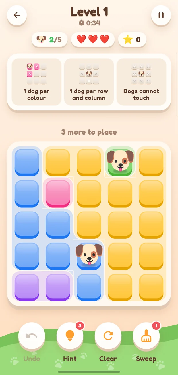 A Pawdoku puzzle in progress, with two dogs placed and three still to go